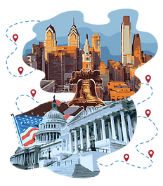 Stylized image showing the Philadelphia and the US Capital connected by a path