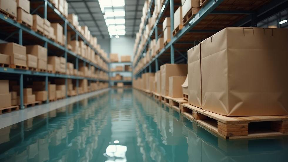 Vue en plongée d’un entrepôt avec des sacs cadeaux en gros stockés sur des palettes