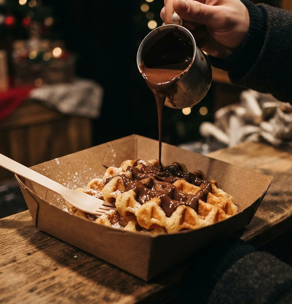 chocolate being poured onto waffles in a waffle take away tray - no fruit or cream just ch