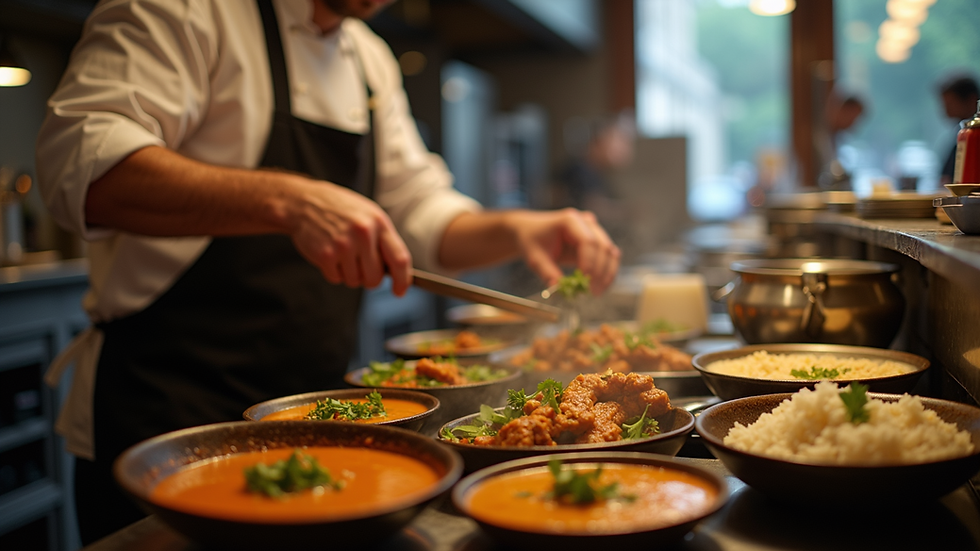Close-up view of a chef preparing Indian curry in a restaurant kitchen