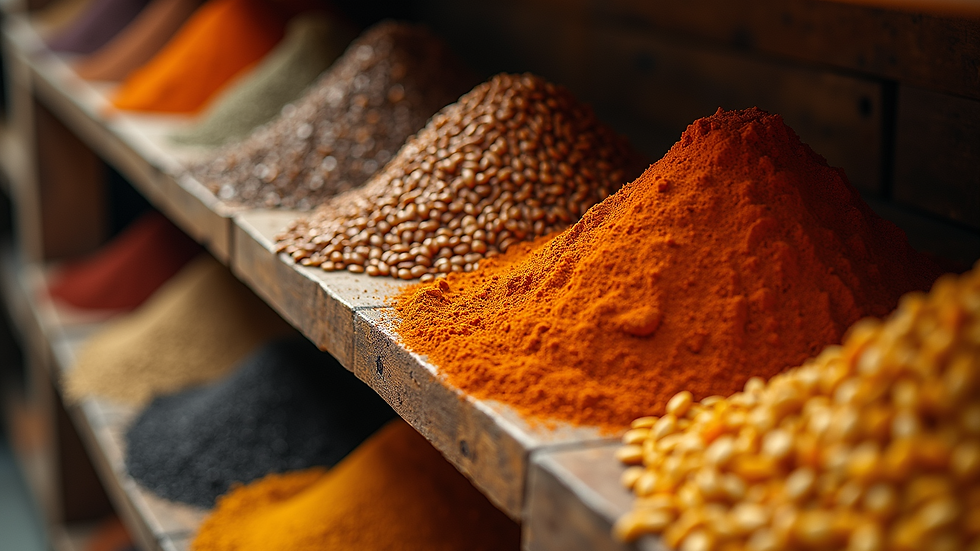 High-angle view of a shelf filled with Indian spices and lentils