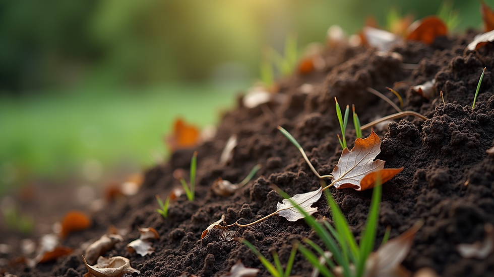 Close-up view of compost heap with decomposing leaves and grass