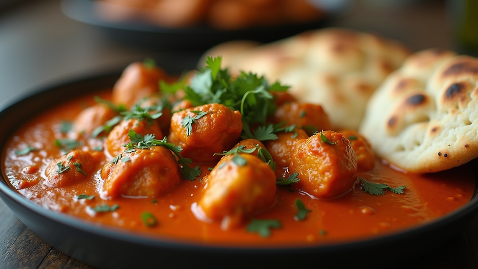 Close-up view of a colourful plate of chicken tikka masala with naan bread