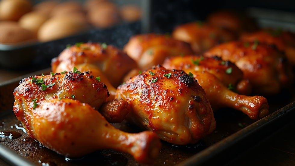 High angle view of oven-baked peri peri chicken with crispy skin