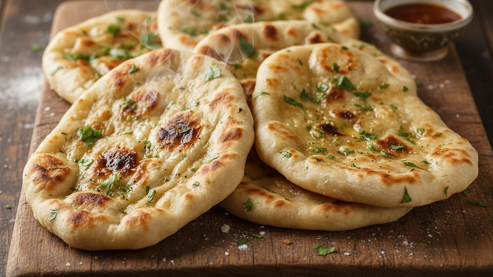 Close-up view of freshly baked naan bread on a wooden board