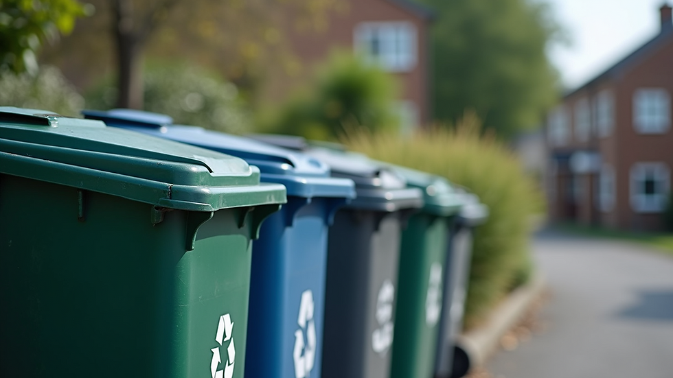 Eye-level view of a community recycling centre with bins for different waste types