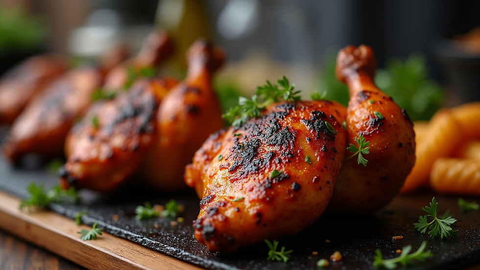 Close-up view of grilled peri peri chicken with charred skin