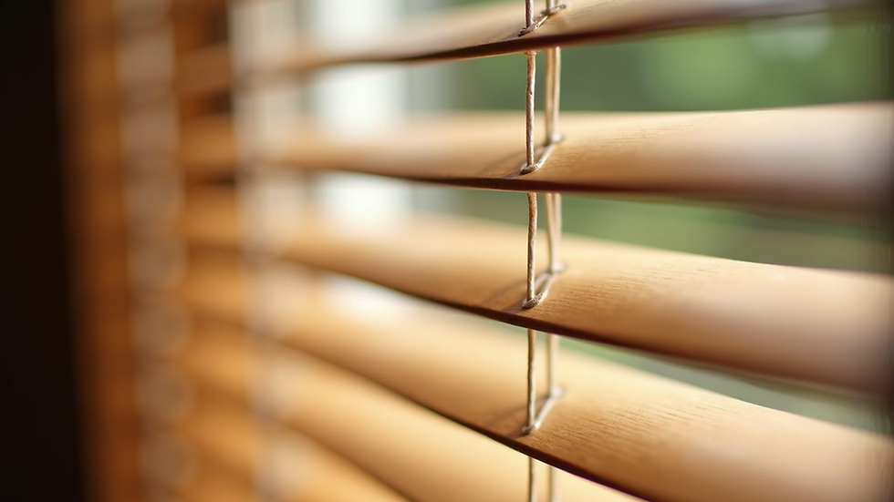 Close-up view of wooden Venetian blind slats with natural light filtering through
