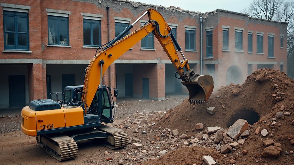 High angle view of excavator demolishing a brick building