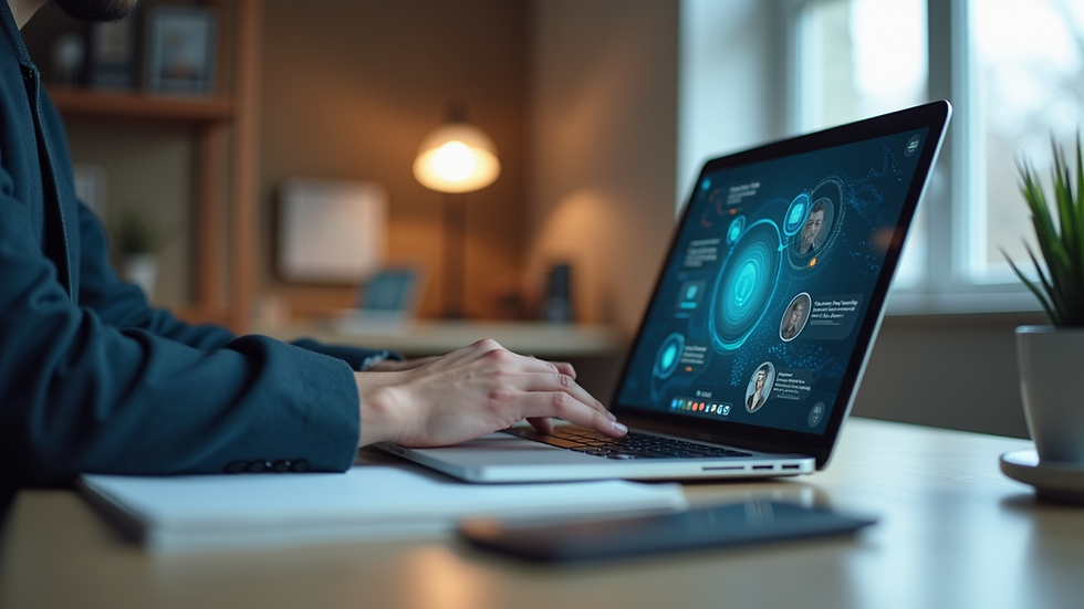 Eye-level view of a modern office desk with a laptop and communication apps open