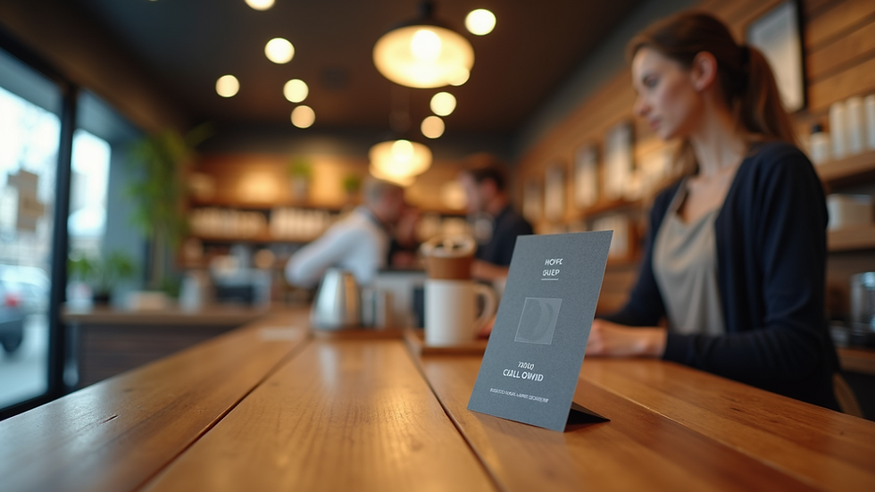 Eye-level view of a coffee shop counter with a loyalty card displayed