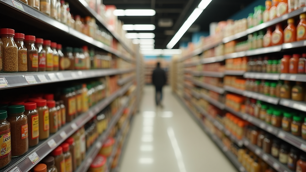 Eye-level view of an international supermarket aisle filled with spices