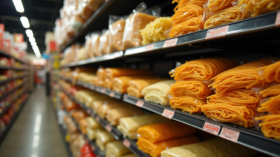 Close-up of an organized shelf filled with various noodles in a Chinese supermarket
