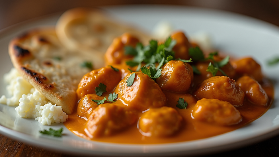 Close-up view of a plate of butter chicken with naan bread
