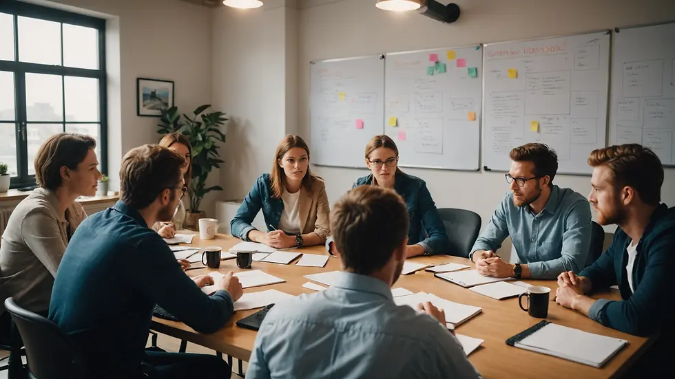 Eye-level view of a team engaged in a brainstorming session