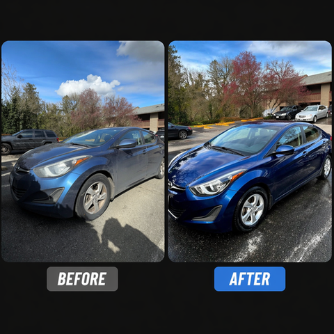 Car exterior detailing before and after wash and shine.