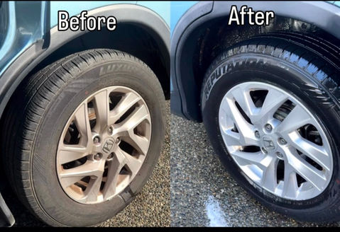 Car wheel cleaning before and after detailing.