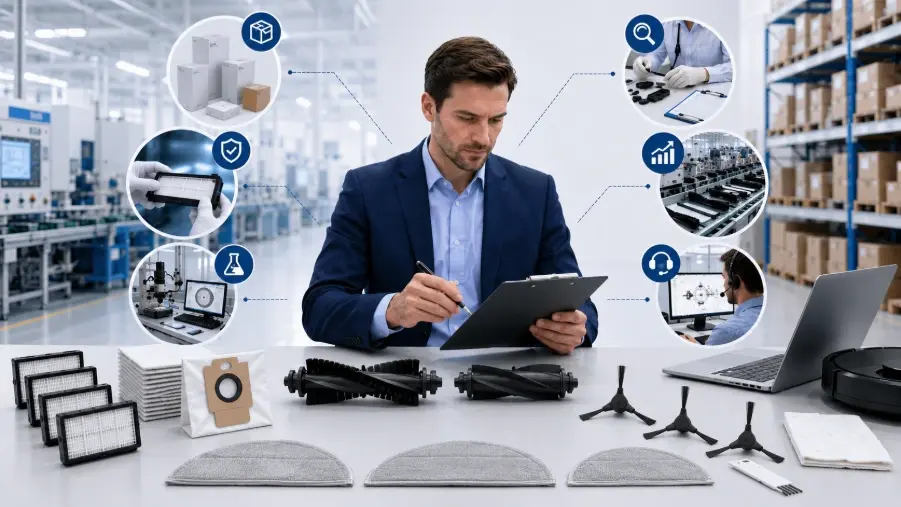 Illustration showing the key factors buyers should evaluate when choosing a private label robot vacuum accessories manufacturer, including packaging, quality control, samples, production capacity, and technical support.