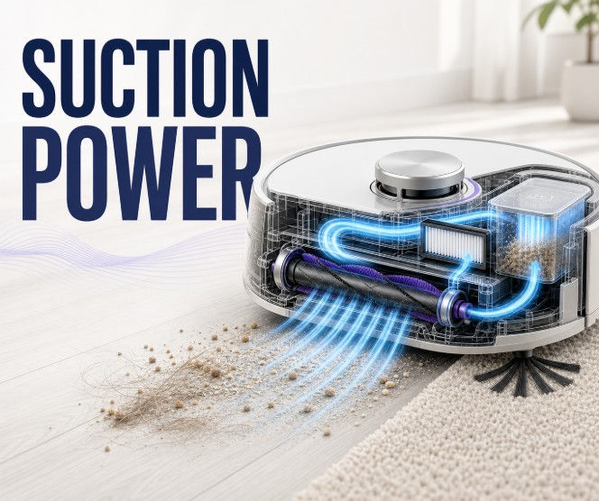 Cutaway view of a robot vacuum showing airflow, roller brush, filter and dustbin.