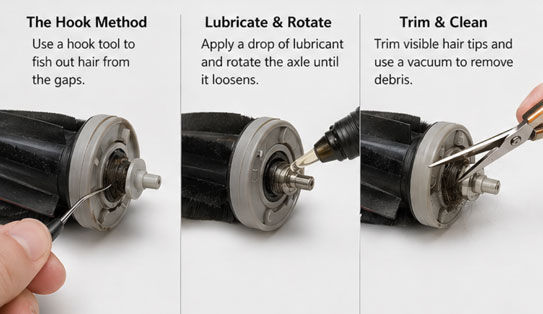 Cleaning method for roller brushes with non-removable ends
