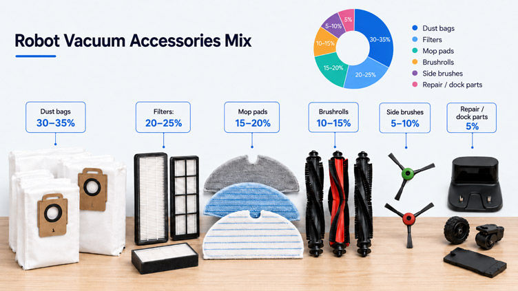 Suggested opening inventory mix for robot vacuum replacement parts including dust bags, filters, mop pads, brushrolls, side brushes, and repair parts.