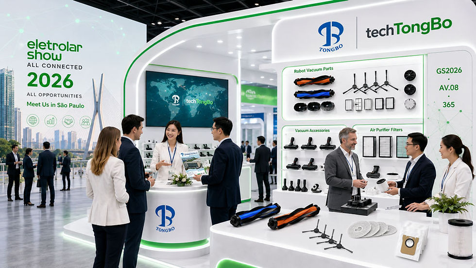 techTongBo booth illustration for Eletrolar Show 2026 showing organized displays of robot vacuum replacement parts, vacuum cleaner accessories, HEPA filters, mop pads, side brushes, roller brushes, dust bags, and B2B visitors in São Paulo, Brazil.