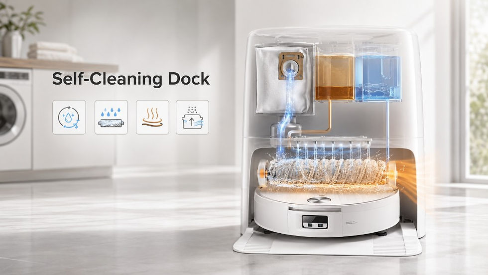 Roborock robot vacuum self-cleaning dock washing a roller mop with hot water and warm air drying