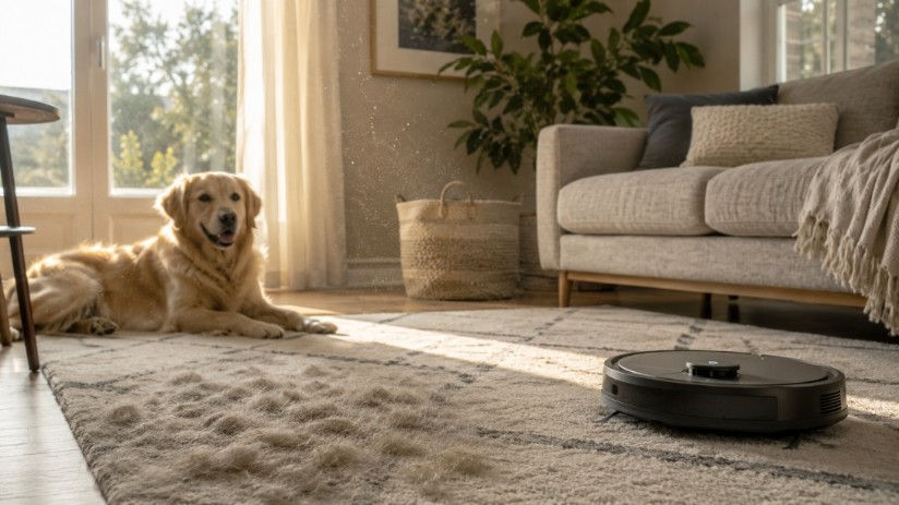 Visible pet hair on a rug and fine pet dander particles in indoor air near a robot vacuum