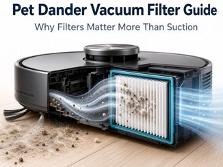 Pet dander vacuum filter guide showing a robot vacuum cutaway with pet hair, dust, fine particles, airflow, and a pleated filter capturing debris.