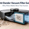 Pet dander vacuum filter guide showing a robot vacuum cutaway with pet hair, dust, fine particles, airflow, and a pleated filter capturing debris.