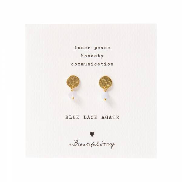Thumbnail: A Beautiful Story handmade Mini Coin Earrings in Gold + Blue Lace Agate available from Iris Lifestyle Cambridge UK
