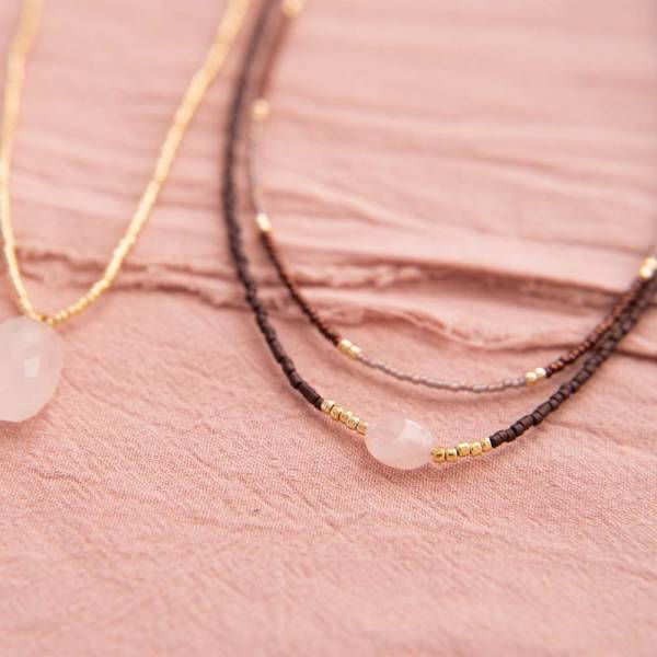Thumbnail: Devotion gold plated necklace in rose quartz available at Iris Lifestyle Cambridge UK