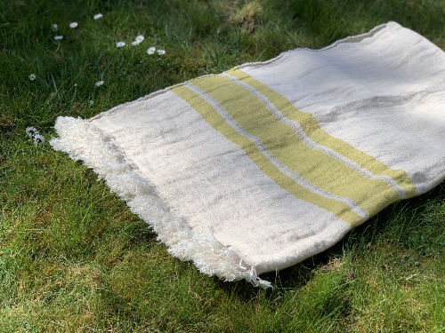 Thumbnail: The Belgian pure Linen Towel / Throw in Mustard Stripe by Libeco available at Iris Lifestyle, Cambridge. UK