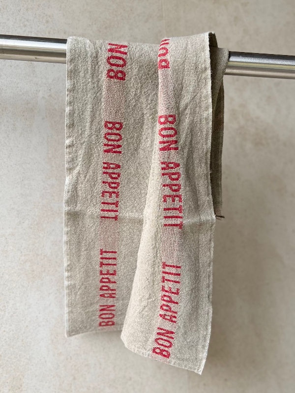 Thumbnail: Charvet Editions French Linen Rustic Bon Appetit Tea Towel in red-natural at Shelford Deli, Cambridge UK