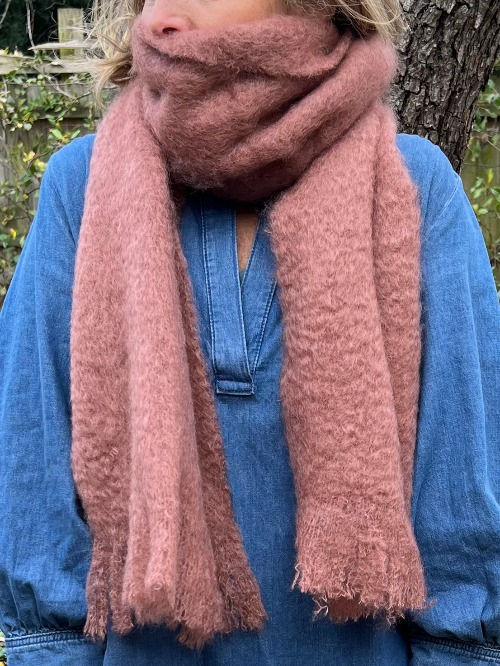 Ezcaray mohair + wool scarf in dusky rose available from Iris Lifestyle Cambridge UK