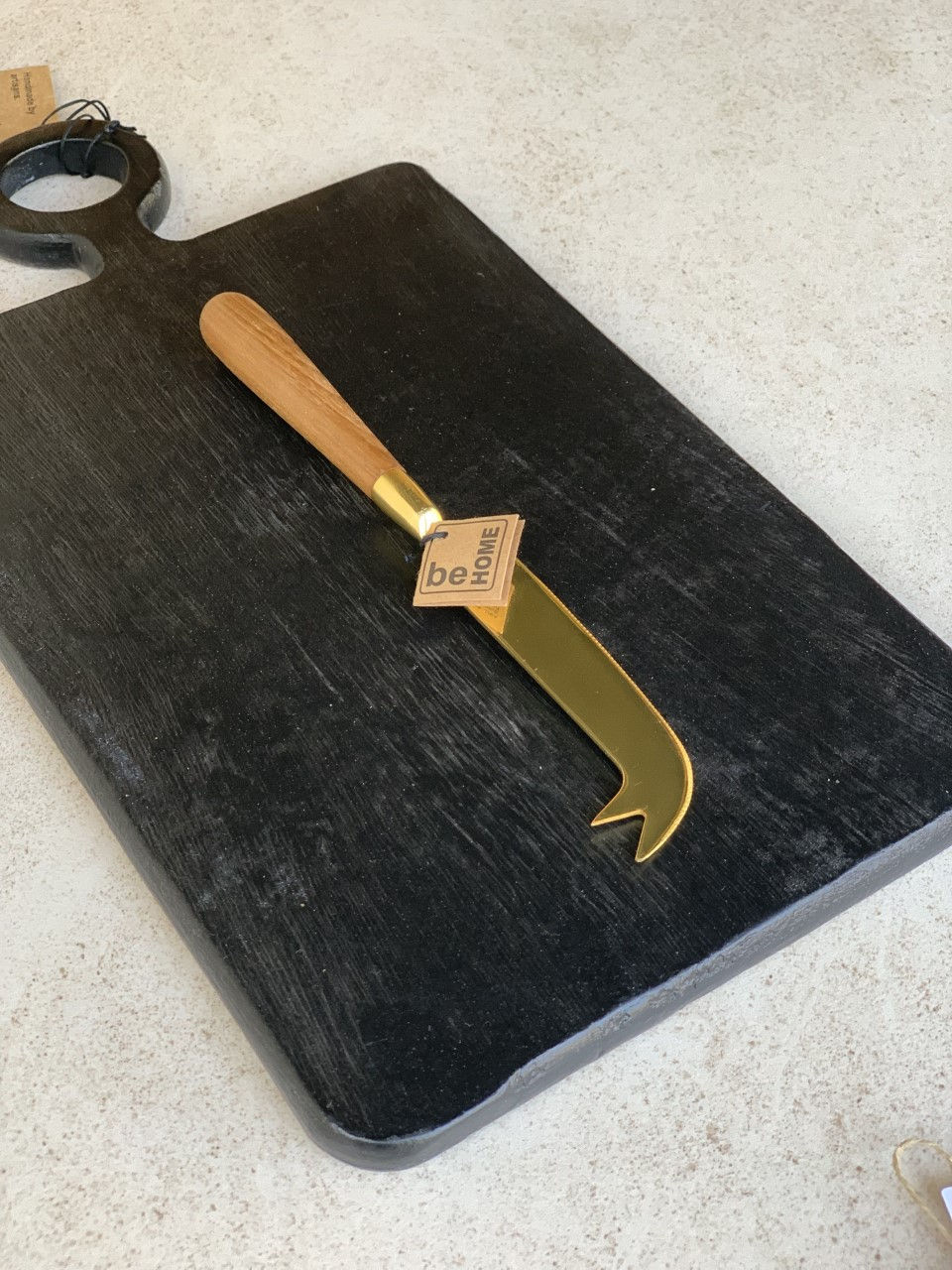 Thumbnail: Cheese knife in antique gold with teak handle