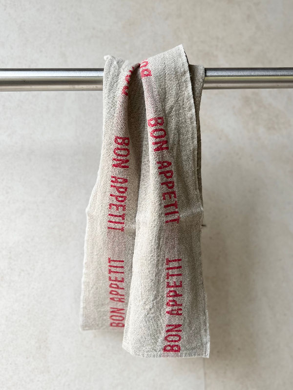 Charvet Editions French Linen Rustic Bon Appetit Tea Towel in red-natural at Shelford Deli, Cambridge UK