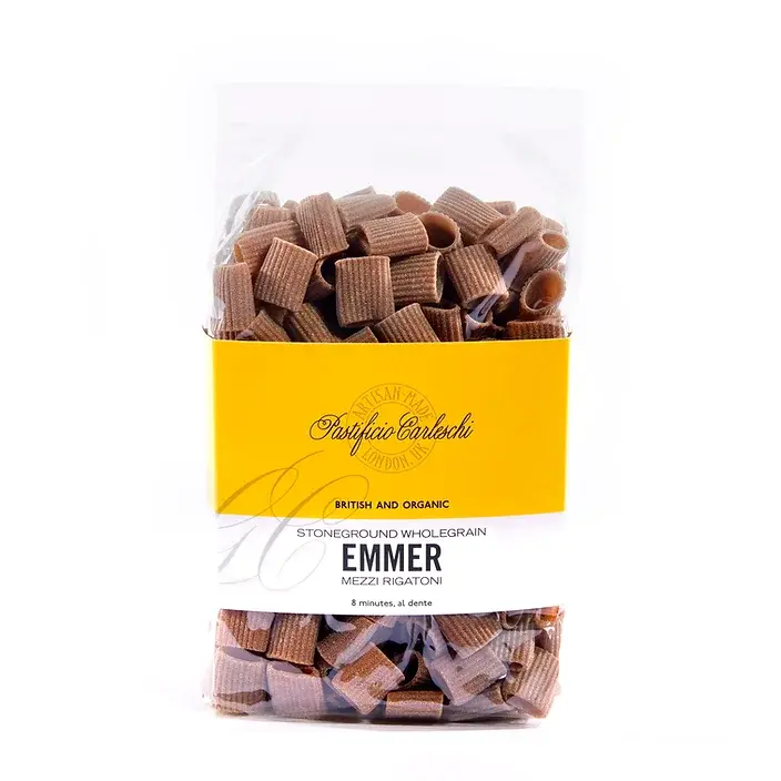 Pastificio Carleschi Organic Stoneground Wholegrain Emmer Mezzi Rigatoni Pasta  available at Shelford Deli, Cambridge. UK