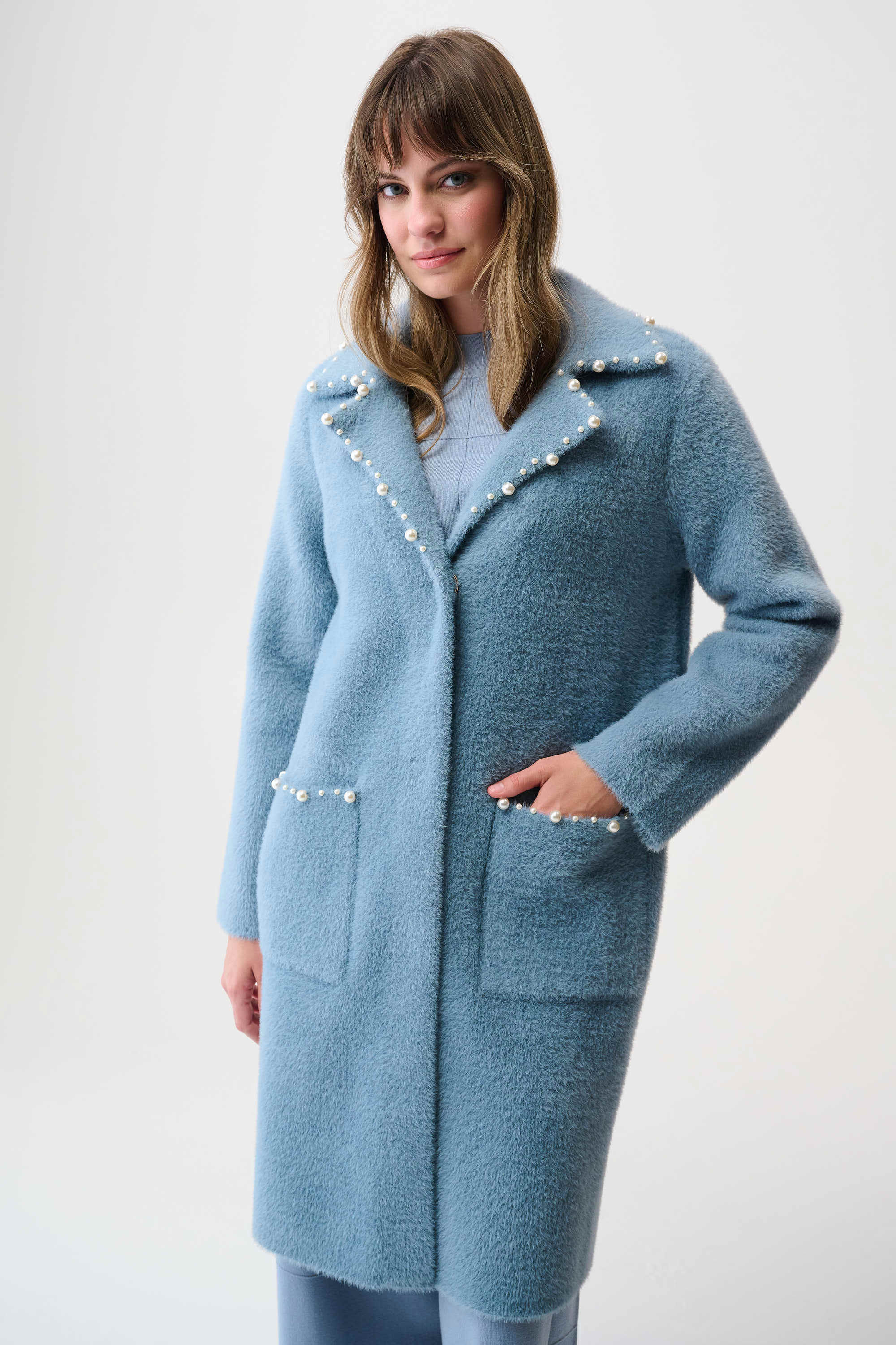 Manteau bleu chambray fil plume vue de face