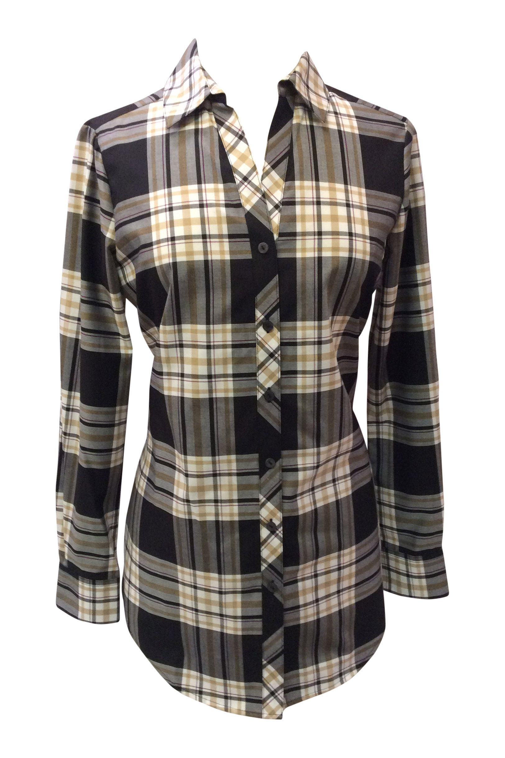 Chemise en carreaux brun, noir, ocre, blanc cassé vue de face