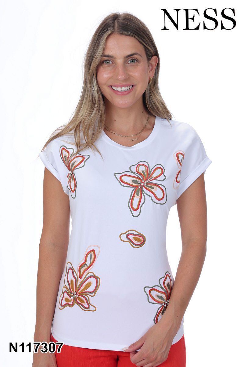 Chandail avec appliqué fleur kaki, rouge et saumon vue de face