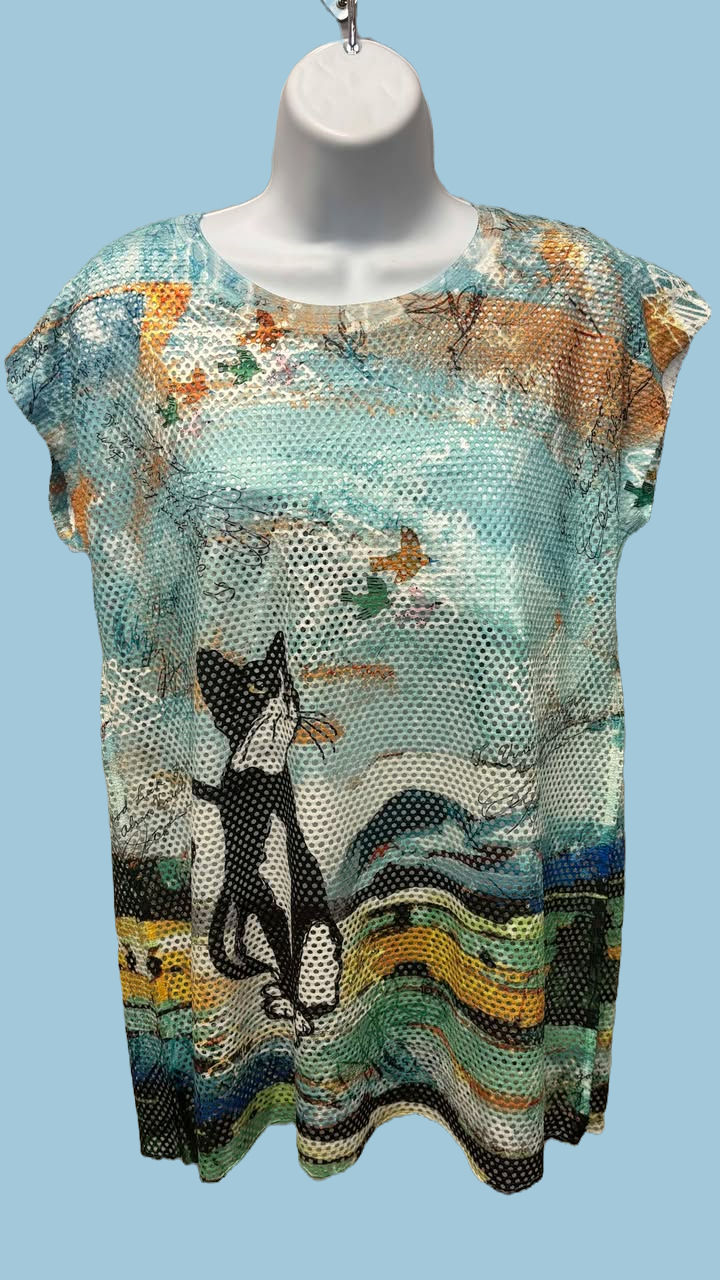 Camisole épaule tombante turquoise imprimé chat en filet doublé vue de face