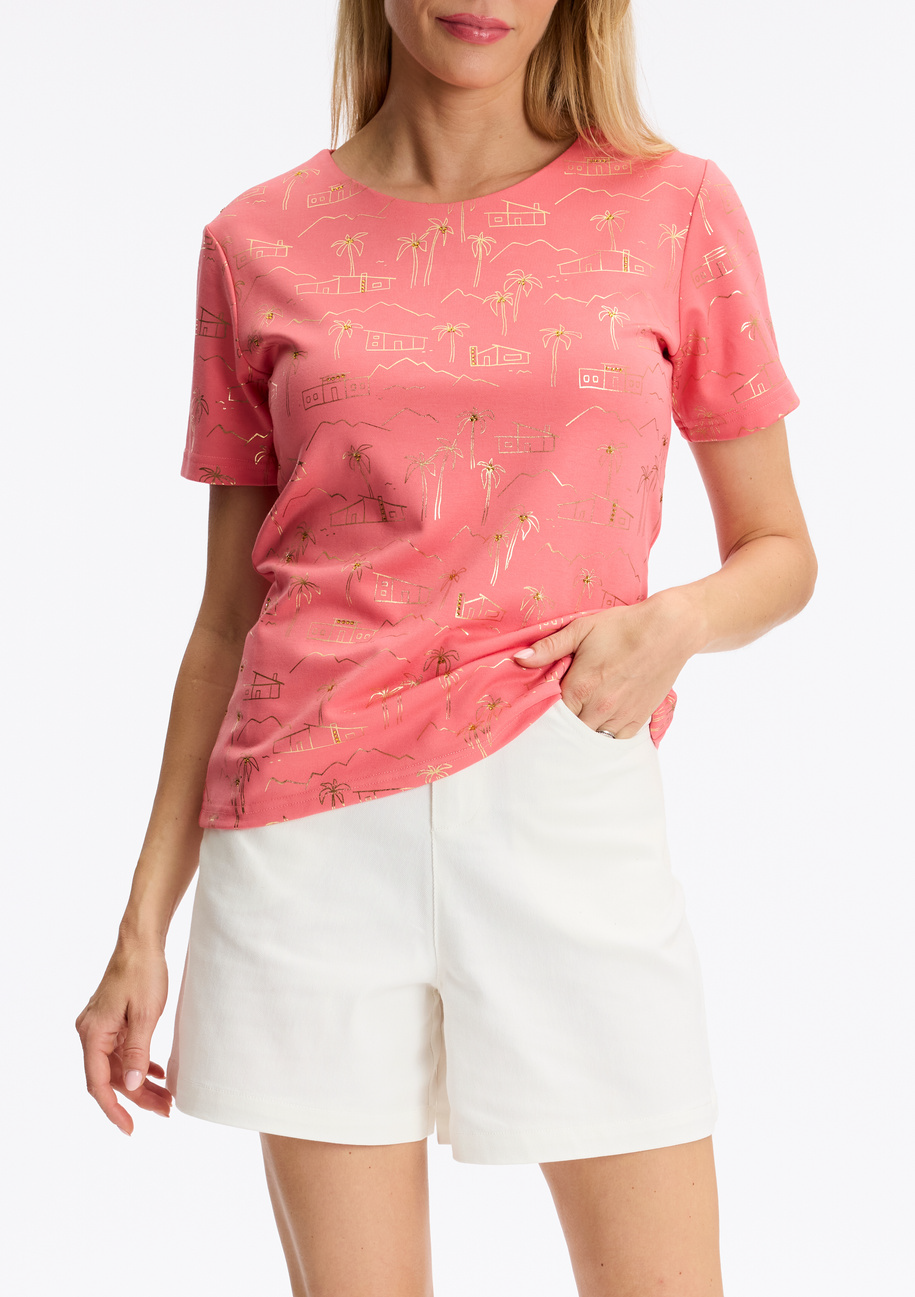 Chandail corail avec imprimé doré vue de face