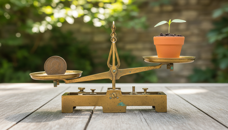 Close-up view of a balance scale holding a coin and a young plant.