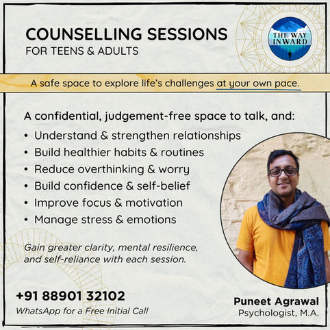A safe space to explore life's challenges at your own pace.

A confidential, judgement-free space to talk and:
▸ Understand & strengthen relationships
▸ Build healthier habits & routines
▸ Reduce overthinking & worry
▸ Build confidence & self-belief
▸ Improve focus & motivation
▸ Manage stress & emotions

Gain greater clarity, mental resilience, and self-reliance with each session.