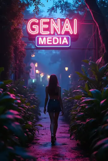 Eine Frau spaziert durch einen überwucherten Dschungel mit einem violetten Neon-Schild "GENAI MEDIA" im Hintergrund, atmosphärische Beleuchtung und futuristisches Design.