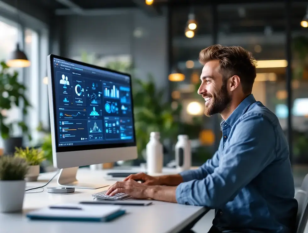 Lächelnder Mitarbeiter am Schreibtisch mit KI-Dashboard auf dem Monitor, symbolisiert die Effizienzsteigerung durch DSGVO-konforme KI-Lösungen von GenAI Media. Fokus auf Automatisierung und Digitalisierung für KMUs.