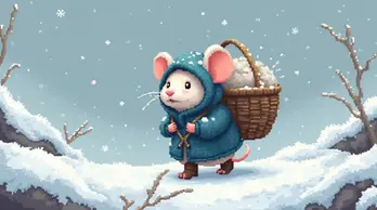 Eine kleine Maus in einem blauen Mantel und robusten Stiefeln, die durch eine verschneite Winterlandschaft mit einem Korb auf dem Rücken läuft. Illustration von Abenteuer und Mut.