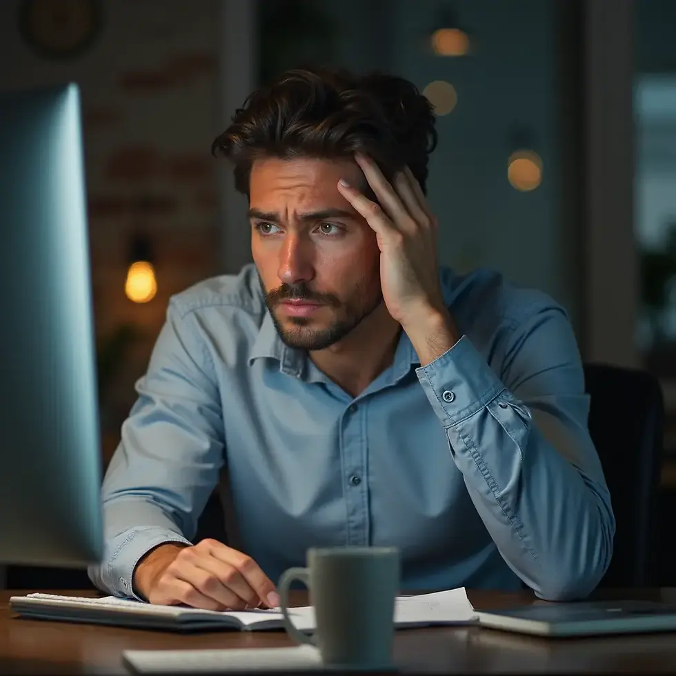 Gestresster Mitarbeiter am Computer, symbolisiert Herausforderungen von KMUs wie ineffiziente Prozesse und Datenschutzunsicherheiten. Fokus auf Digitalisierung und moderne KI-Lösungen zur Effizienzsteigerung.