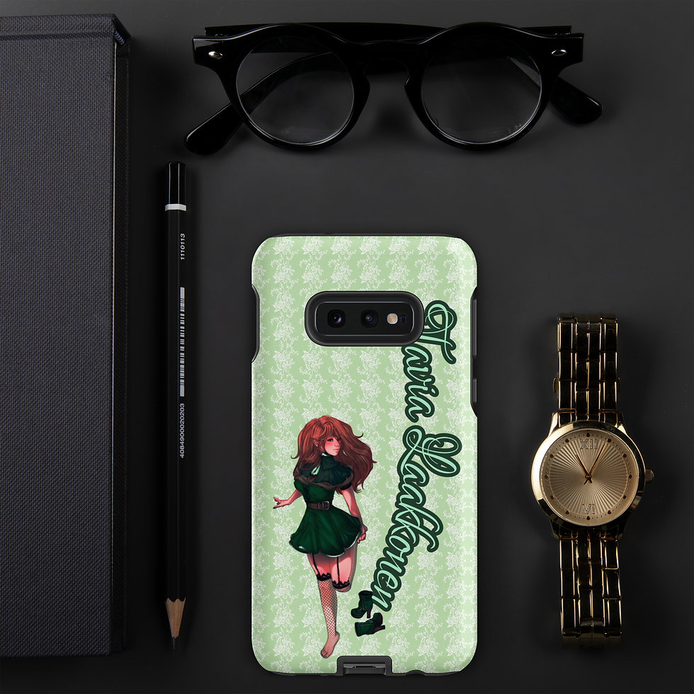 Miniature : Phone case with text and an illustration, next to glasses and watch.